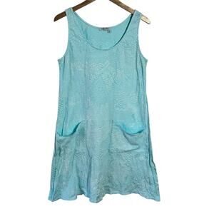 Fresh Produce Drape Tank Dress Women L Blue Cotton Jersey Coastal Beach USA